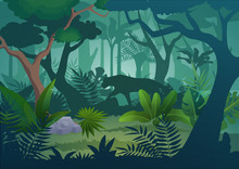 Vector Cartoon Tropical Jungle Rainforest Background With Walking Jaguar Tiger.