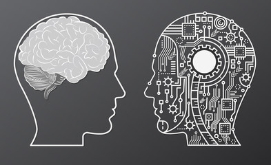 Aufkleber - Human brain mind head with artificial intelligence robot head concept illustration.