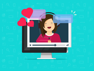 Poster - Online remote dating concept on computer video communication app vector illustration, flat cartoon distance relationship internet video call chat on pc with love happy girlfriend