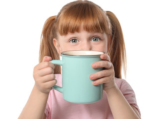 Poster - Cute little girl with cup of hot cocoa drink on white background