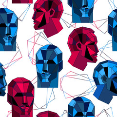 Wall Mural - Seamless pattern with polygonal human face and shapes. Abstract futuristic concept design. Vector illustration