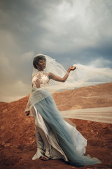 Black bride in waving long wedding dress and bridal veil stands on background of beautiful landscape.