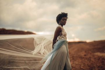 Black bride in waving long wedding dress and bridal veil stands on background of beautiful landscape.