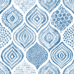  Seamless watercolor pattern. Vintage blue and white ornament. Textile print hand-drawn.