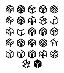 Cubic geometric alphabet set. Vector isometric logos.