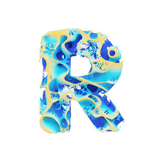 Fototapete - Sea alphabet letter R uppercase. Tropical exotic font made of blue wavy water and yellow sand. 3D render isolated on white background.