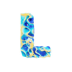 Fototapete - Sea alphabet letter L uppercase. Tropical exotic font made of blue wavy water and yellow sand. 3D render isolated on white background.