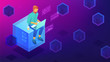 Isometric blockchain technology development concept. Blockchain developer sitting on mining block and coding the smart contract application. Vector 3D isometric illustration on ultraviolet background.