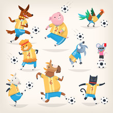 Cute Farm Animals Team Playing Soccer On Different Positions. First Team