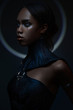 Portrait of black woman with gothic collar posing on dark background