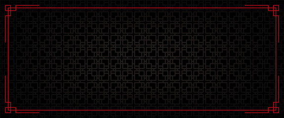 dark chinese background with red border, abstract oriental banner with decoration frame, black square window inspiration, vector illustration 
