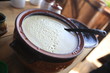Yogurt bulgarian in a bowl, closeup shot