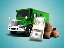 Modern Concept Of Carrying Money And Stack Of Dollars In The Bank Green Truck Armored Car Front 3d Rendering On Blue Background With Shadow