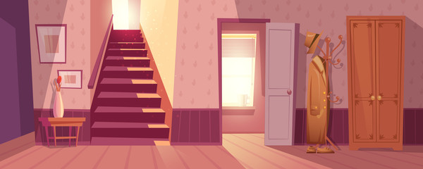 room interior vector illustration of retro corridor or hallway entrance with furniture. cartoon flat