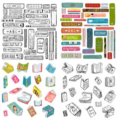 Wall Mural - Books outline and colored naive style hand drawn bundle. Vector design.