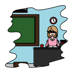 Sticker - color teacher sitting in her desk with book and apple