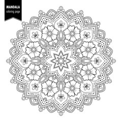 Wall Mural - Monochrome ethnic mandala design. Anti-stress coloring page for adults. Hand drawn vector illustration