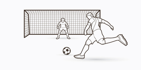 Wall Mural - Soccer player kicking ball with Goalkeeper standing action outline graphic vector.