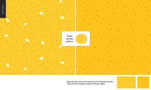 Food Patterns, Summer - Fruit, Lemon Texture, Small Half Of Lemon Image In The Center -two Seamless Patterns Of Lemon Sour Pulp Full Of White Seeds And Yellow Rind With Little Holes, Yellow Background