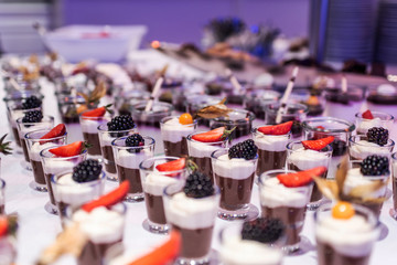 Closeup many dessert jar rowed up on buffet table with fresh fruits jelly and cream