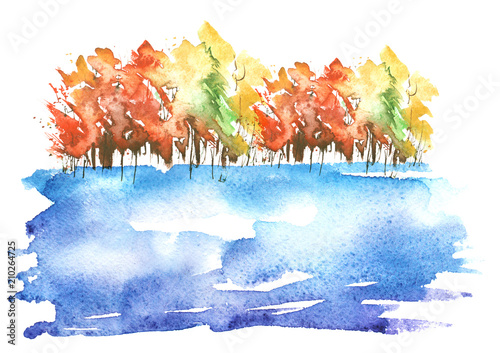 Watercolor Autumn Forest Silhouette Of Trees Bushes Field Country View Postcard Logo Card Drawing Of Orange Trees On A Yellow Grass Blue River Lake On A White Isolated Background Buy This Watercolor Autumn Forest Silhouette Of Trees Bushes Field Country View Postcard Logo Card Drawing Of Orange Trees On A Yellow Grass Blue River Lake On A White Isolated Background Buy This