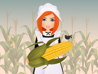 Sticker - Pilgrim woman with big corn cob