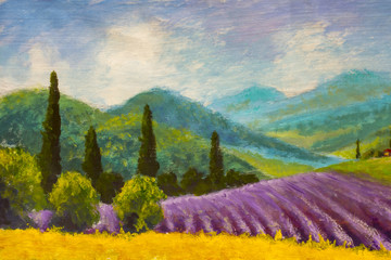 Oil painting Italian summer countryside. Lavender purple field. French Tuscany. Field of yellow rye. Rural houses