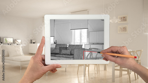 Hands Holding And Drawing On Tablet Showing Modern Living