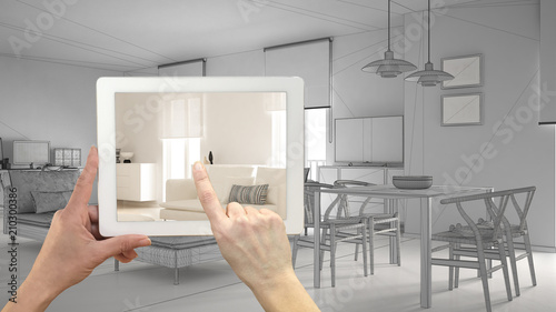 Hand Holding Tablet Showing Real Finished Modern Living Room