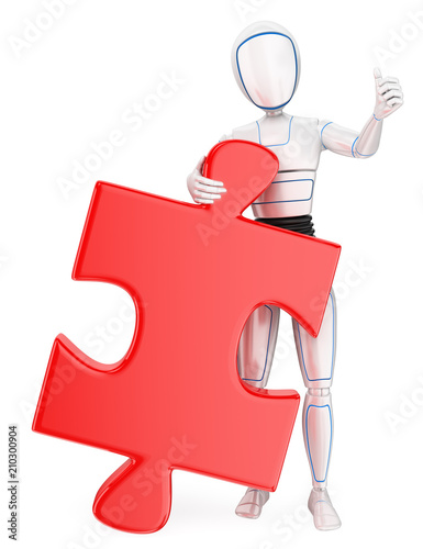 Fotografia  3D Humanoid robot with a huge puzzle piece. Solution