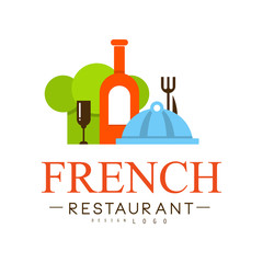 Sticker - French restaurant logo design, authentic traditional continental food label vector Illustration on a white background