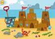 Sand castle  on the coast of the ocean. Vector illustration. 