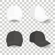 set of realistic black and white baseball cap