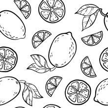 Beautiful Black And White Seamless Doodle Pattern With Cute Doodle Lemons Sketch. Hand Drawn Trendy Background. Design Background Greeting Cards, Invitations, Fabric And Textile.
