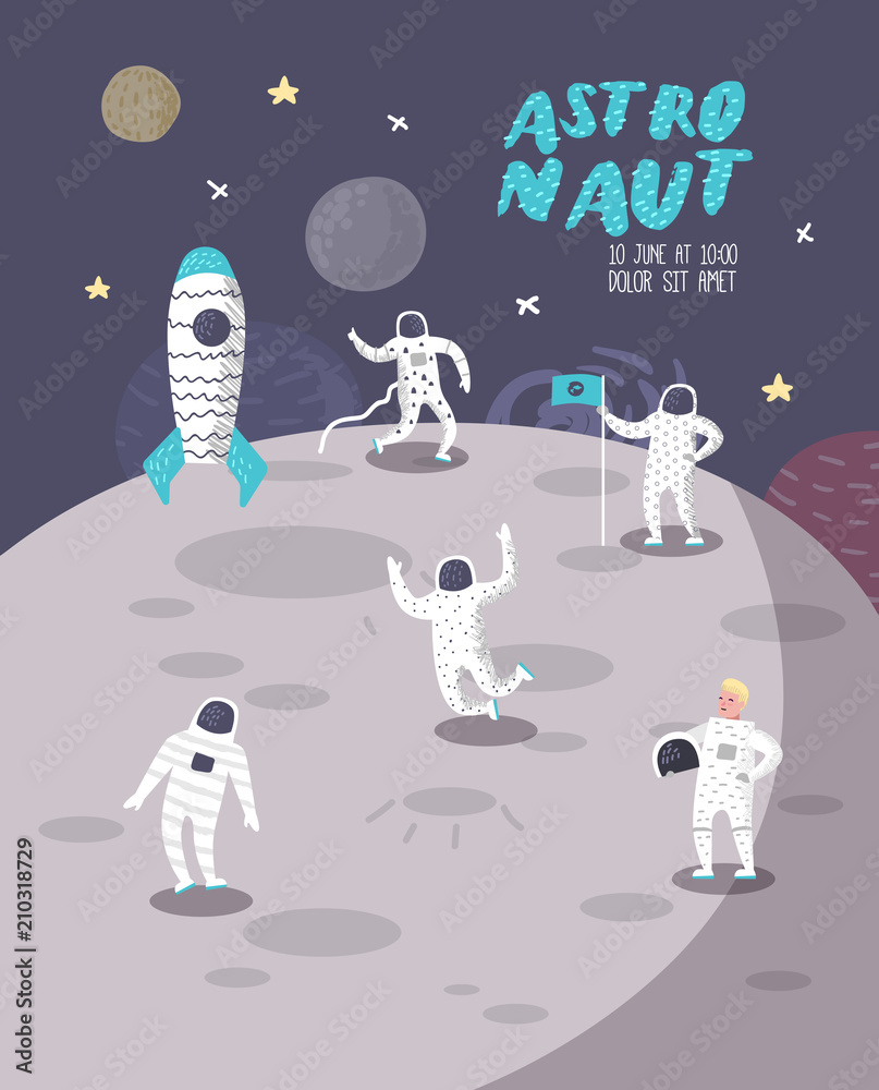 Astronaut Characters Poster, Banner with Stars and Rocket Stock Vector ...