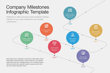 Aufkleber - Simple visualization for company milestones timeline template with colorful circles and stroke icons on a curved road line. Easy to use for your website or presentation.