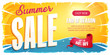 Summer Sale Wide Banner/
Illustration of a wide summer sale template banner with colorul elements, typography and grunge frame