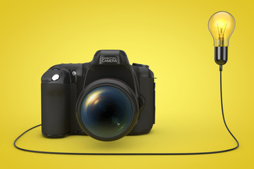 Aufkleber - Modern Digital Photo Camera Connected to Creative Idea Light Bulb. 3d Rendering