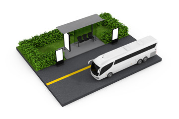 Poster - Big White Coach Tour Bus Near Bus Stop Station with Blank Billboards. 3d Rendering