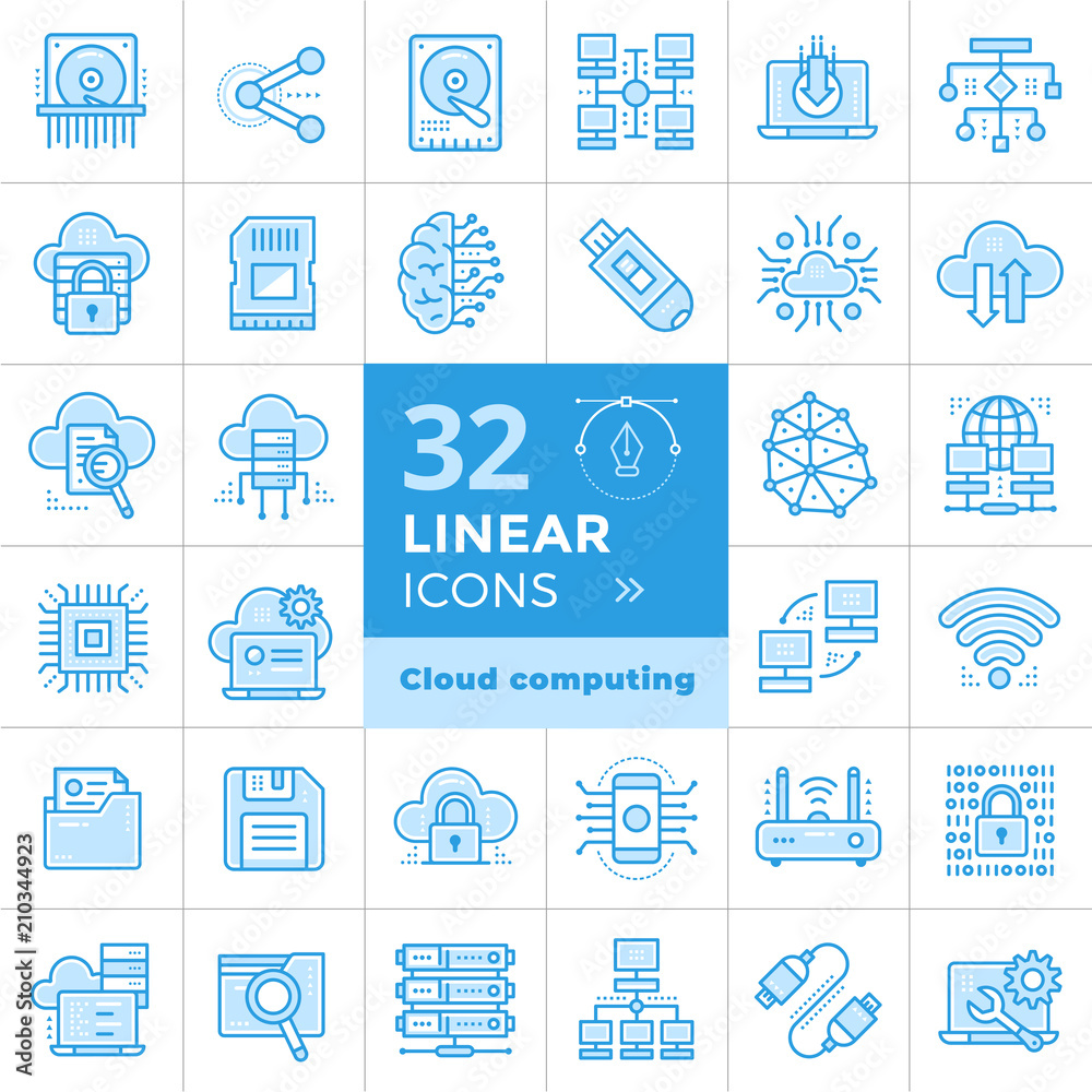 Linear icon set of cloud computing, internet technology, data secure ...