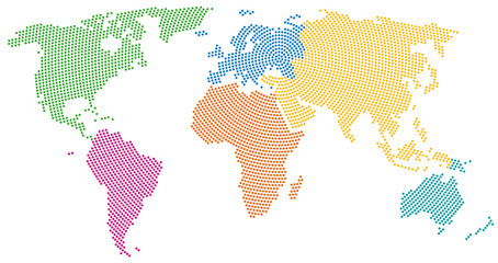 Wall Mural - continents of the world, radial dot pattern, on white background. colored dots going from the center