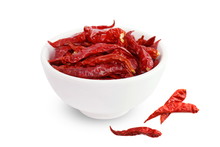 Chili, Chilli Red Spicy Hot Flavor, Dried Red Chillies In A White Cup Top View On White Background