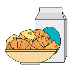 Poster - delicious bread croissant in dish and milk box vector illustration design