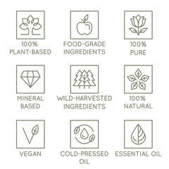 Poster - Vector set of design elements, logo design template, icons and badges for natural and organic cosmetics in trendy linear style - plant-based, food-grade and wild harvested ingredients