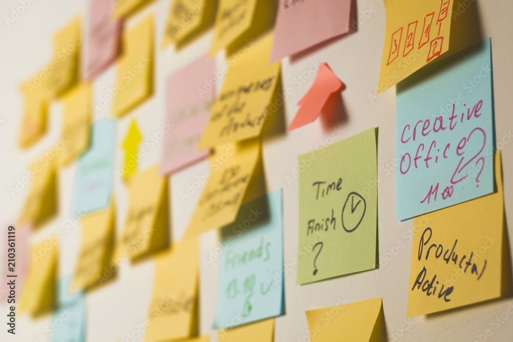 Paper stickers on the visualization board. The concept of team business ...