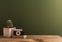 Vintage Camera And Cactus On A Wooden Desk With Green Wall.