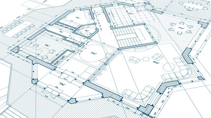 architectural blueprint - the architectural plan of a modern residential building with the layout of the interiors of different rooms, elements of furniture & equipment on a  technological background
