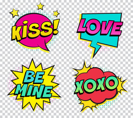 Wall Mural - retro colorful comic speech bubbles set for valentine's day. isolated on trasparent background. expr