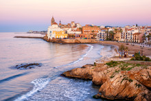 Sand Beach And Historical Old Town In Mediterranean Resort Sitges, Spain