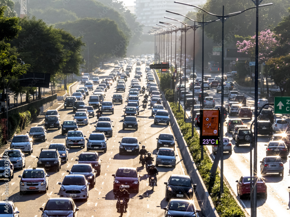 Sao Paulo, SP, Brazil, June 12, 2018. Traffic jam on 23 de Maio avenue, both directions, south of Sao Paulo, - obrazy, fototapety, plakaty 